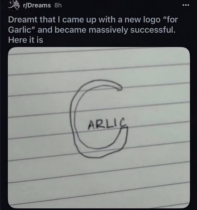 A Reddit r/Dreams post shows a hand-drawn logo on lined paper with the text "ARLIC" inside a C-shape, accompanied by the caption "Dreamt that I came up with a new logo 'for Garlic' and became massively successful. Here it is."
