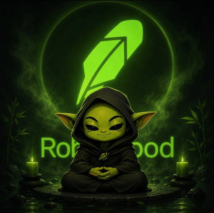 A green goblin-like creature dressed in a dark hooded robe sits in a meditative pose, flanked by two candles, with a glowing green feather emblem above and the partially visible text "Rob...ood" in the background. The mystical, shamanic imagery aligns with the post's promotion of "$YODA" as an emerging opportunity on the Robinhood chain, blending the Yoda/goblin mascot theme with Robinhood branding to evoke a sense of hidden, early-stage alpha.