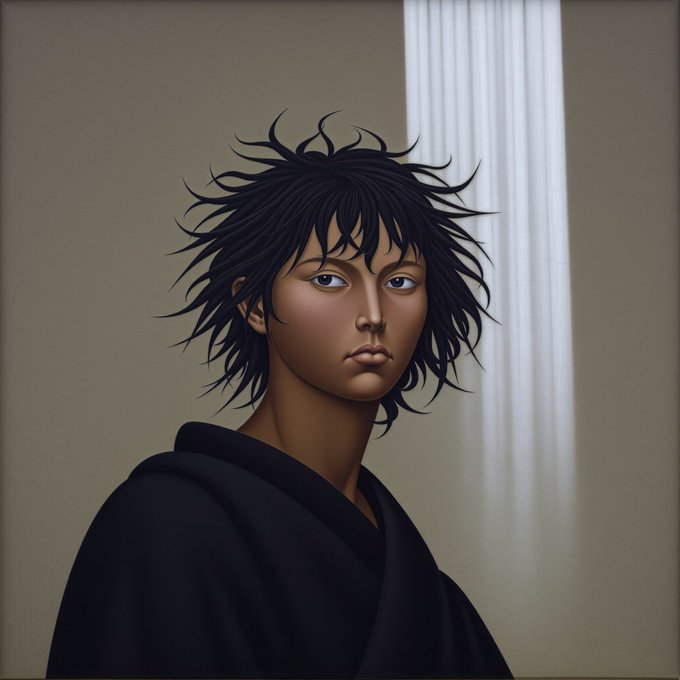 A stylized digital portrait of a person with spiky black hair and a dark robe, standing before muted curtains, accompanies a promotional post listing several NFT collections being minted today, including XCOPUNKS, Divergents, BullsRunners, fleurhood, and RhMerry, with varying prices and supply amounts.