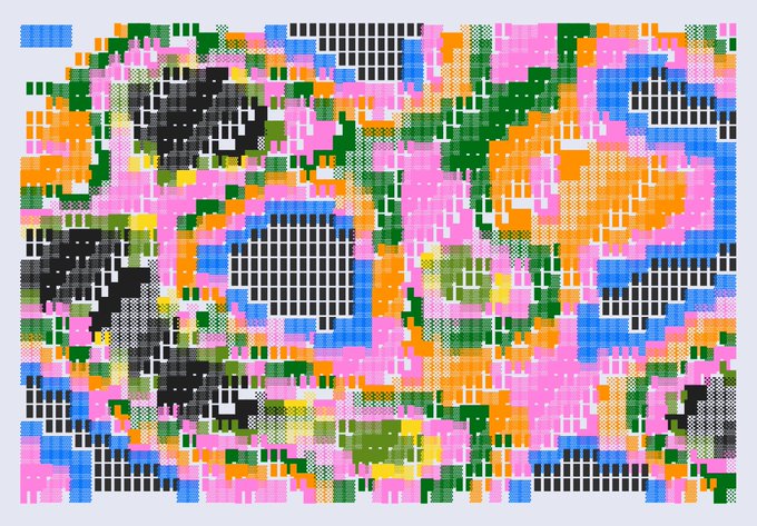 An abstract pixelated or digitized artwork featuring a chaotic blend of pink, green, orange, blue, black, and white squares and patterns.