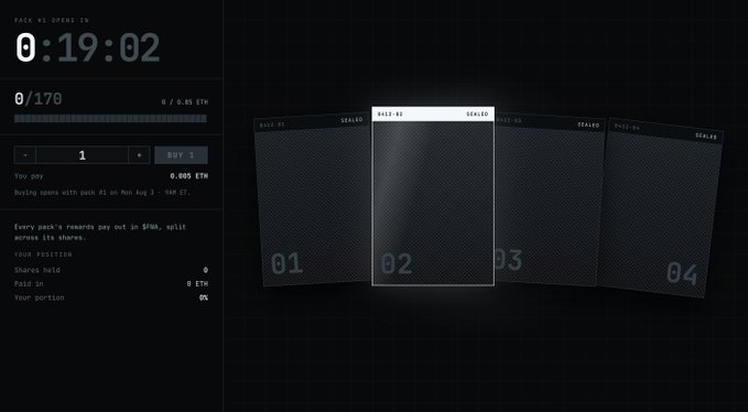 A screenshot of a countdown timer showing 0:19:02 until "PACK #1 OPENS IN," with an interface displaying four packs (01-04) labeled "SEALED" and a price of 0.005 ETH per share, alongside a message about buying shares of pack #1 on Aug 3 at 9am ET.