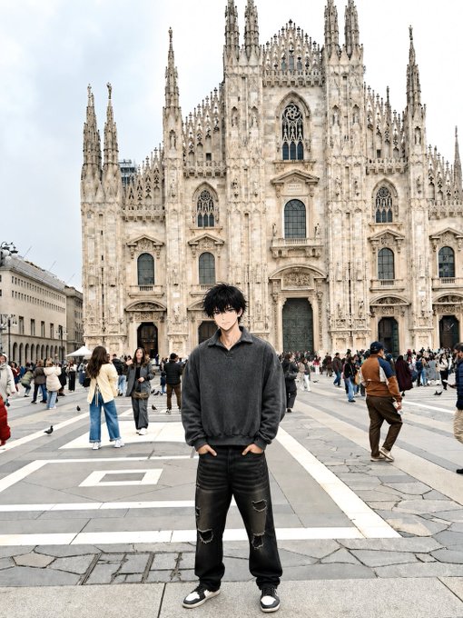 An anime-style illustration of a young man with dark hair wearing a gray sweater and ripped black jeans, standing in front of the Milan Cathedral (Duomo di Milano) in a crowded piazza.