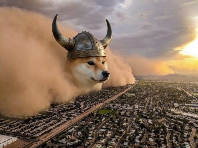 A surreal AI-generated image of a giant Shiba Inu dog wearing a Viking horned helmet emerging from a massive dust storm over a suburban city landscape at sunset.