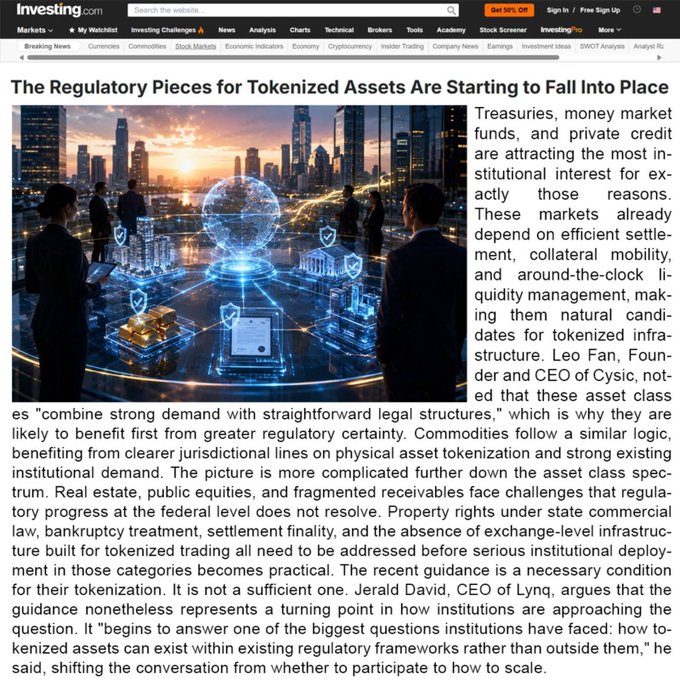 A screenshot from Investing.com featuring an article titled "The Regulatory Pieces for Tokenized Assets Are Starting to Fall Into Place," with an image of professionals examining a holographic globe and digital asset tokens against a city skyline, highlighting quotes from Leo Fan (Founder/CEO of Cysic) and Jerald David (CEO of Lynq) about how regulatory guidance is enabling tokenization of assets like treasuries, money market funds, private credit, and commodities.