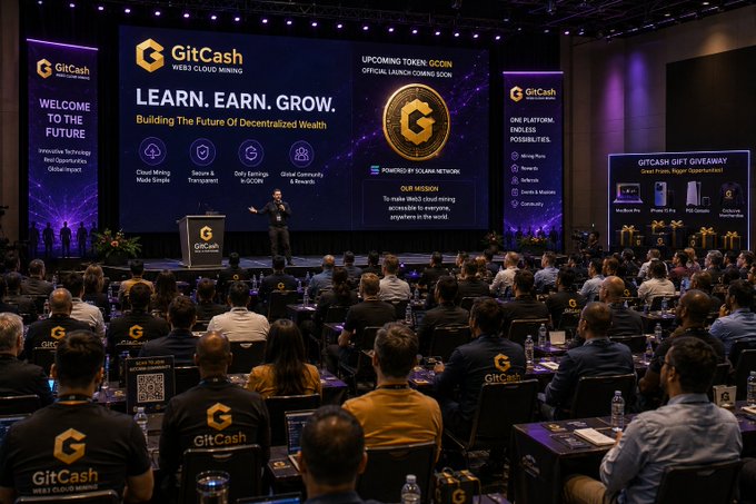 A large conference event shows a speaker on stage presenting for 'GitCash Web3 Cloud Mining', with screens displaying 'LEARN. EARN. GROW.', an 'UPCOMING TOKEN: GCCOIN', and 'GITCASH GIFT GIVEAWAY' prizes, while an audience wearing GitCash branded shirts watches.