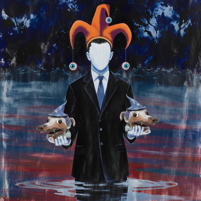 A surreal painting of a faceless figure in a black suit wearing an orange jester hat, holding two severed animal heads with party hats, standing against a dark, eerie landscape with red water.