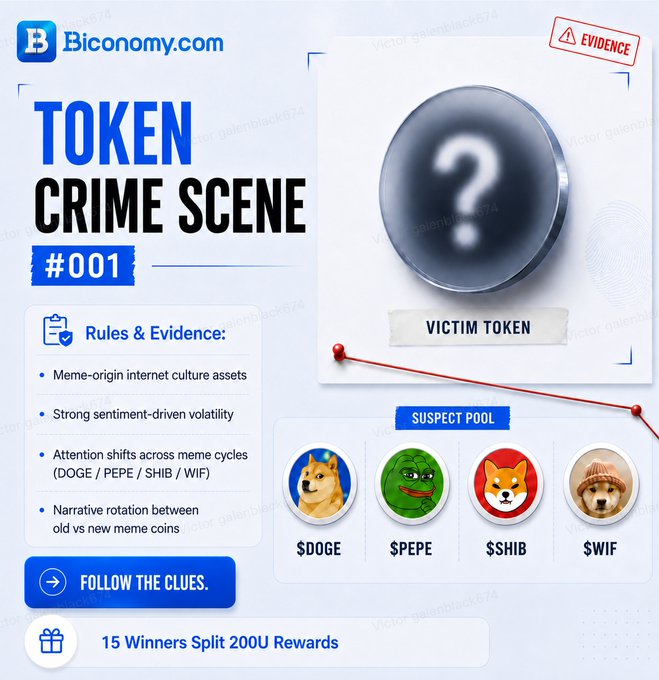 A promotional graphic from Bconomy.com titled "TOKEN CRIME SCENE #001" featuring a mystery "VICTIM TOKEN" alongside a suspect pool of $DOGE, $PEPE, $HIB, and $WIF, with rules pointing to meme-origin assets, sentiment-driven volatility, and narrative rotation between old and new meme coins—offering 15 winners a split of 200U rewards for solving which suspect is behind the disappearing meme token.