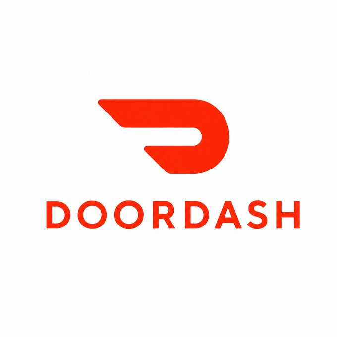 The image displays the red DoorDash logo, featuring a stylized "D" icon above the company name "DOORDASH" in bold red text on a white background. It visually represents the brand mentioned in the post about DoorDash expanding into drone delivery and the tokenization of its $DASH stock on Solana.