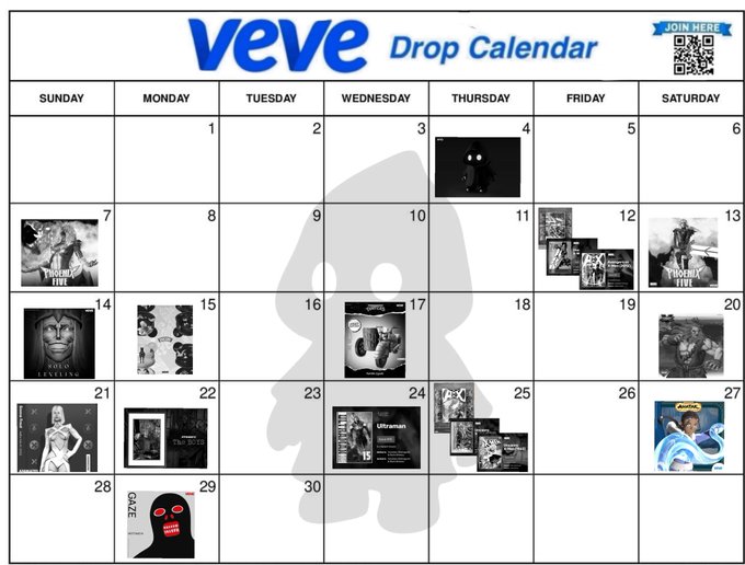 A Veve Drop Calendar for the month showing scheduled digital collectible releases, including drops like Wonder Woman (Feb 6, 13), K'om Laovllim (Feb 14), Thor: Ragnarok Loki (Feb 20), Marilyn Monroe (Feb 21), Tomb Raider (Feb 22), Ultraman (Feb 24), Space Jam (Feb 27), and Clokze (Feb 29), with a Veve logo and "JOIN HERE" QR code at the top.