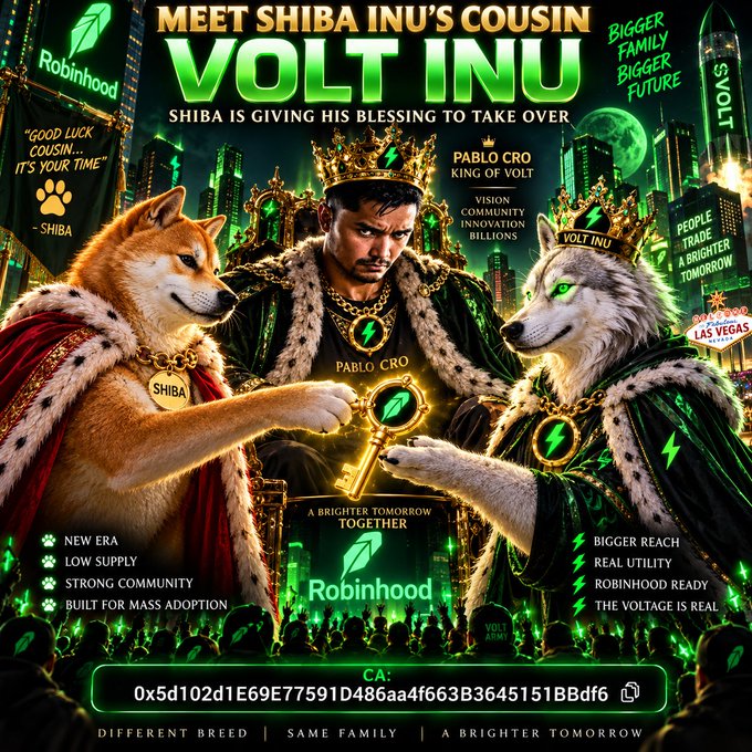 Promotional graphic titled 'MEET SHIBA INU'S COUSIN VOLT INU' featuring a man in a crown flanked by a Shiba Inu and a white wolf, advertising a meme coin with the contract address (CA: 0x5d102d1E69E77591D486aa4f663B3645151BBdf6).