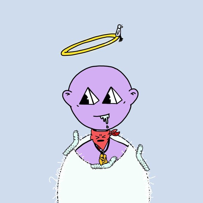 A cartoon illustration depicts a bald, purple-skinned character with drooling triangular eyes and a red bandana, wearing a fuzzy white garment, with a small bird perched on a yellow halo above their head.