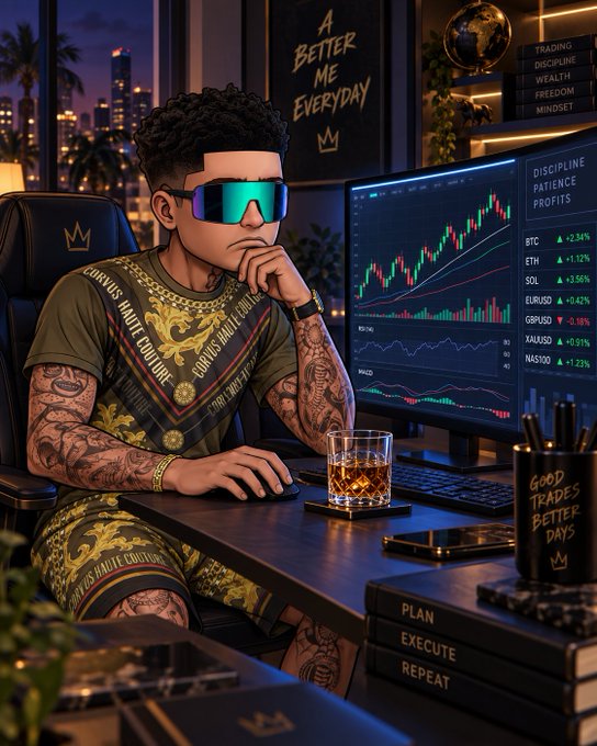 A stylized cartoon illustration of a tattooed trader wearing sunglasses, sitting at a desk with multiple monitors displaying cryptocurrency charts and positive gains for coins like BTC, ETH, and SOL.