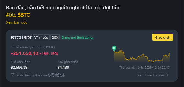 A cryptocurrency trading screenshot showing BTCUSDT with a -199.19% loss (-251,650.40 USDT), with text reading 'Ban đầu, hầu hết mọi người nghĩ chỉ là một đợt hồi #btc $BTC'.