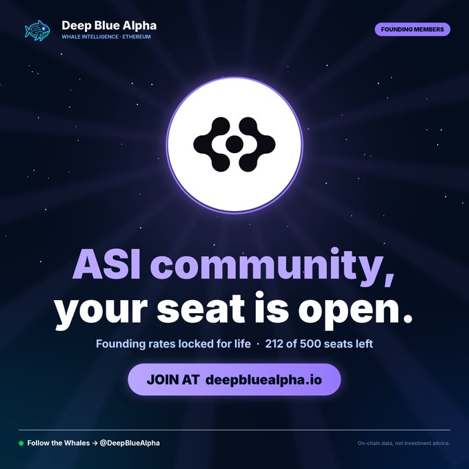 A promotional graphic for Deep Blue Alpha (Whale Intelligence · Ethereum) inviting ASI community members to join as founding members, showing 212 of 500 seats remaining with the call-to-action to join at deepbluealpha.io.