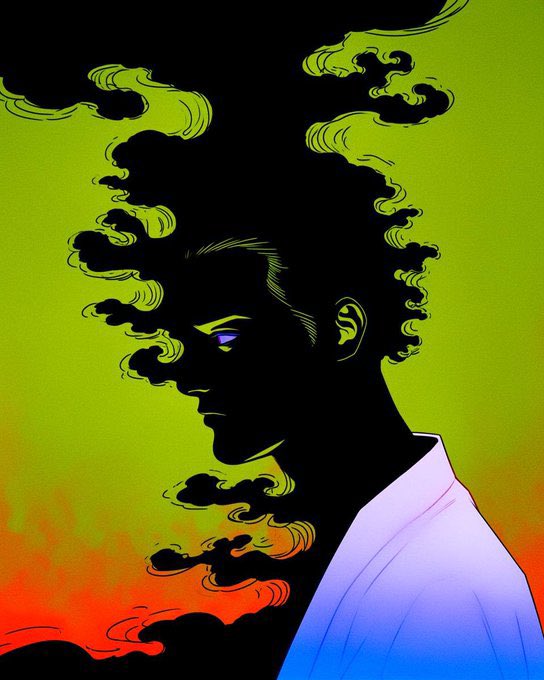 A digital illustration of a person in profile with dark skin, purple eyes, and curly black hair that blends into smoke or clouds, set against a vibrant green and orange background.