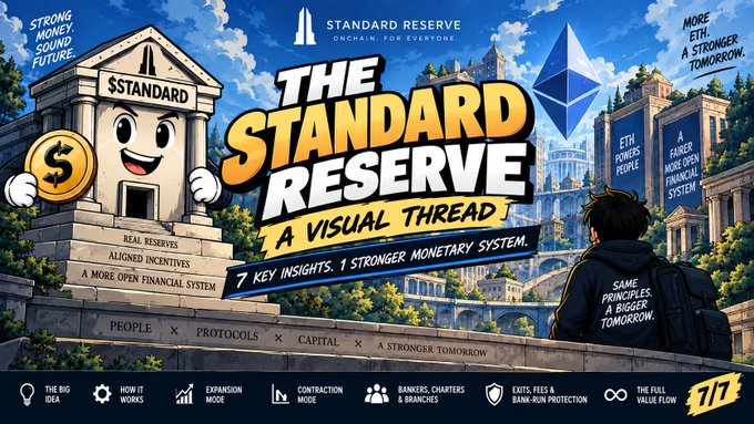 Promotional banner for 'THE STANDARD RESERVE,' described as 'A VISUAL THREAD' with '7 KEY INSIGHTS. 1 STRONGER MONETARY SYSTEM,' featuring an illustration of a bank building labeled '$STANDARD' and an Ethereum logo.