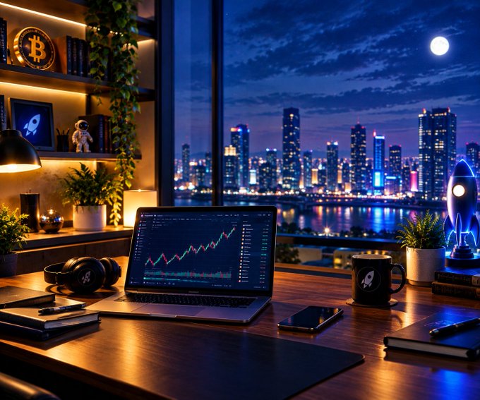 A nighttime home-office desk faces a lit waterfront skyline, with a laptop showing a rising financial chart, Bitcoin and rocket-themed decor, a moonlit window, headphones, plants, and a glowing rocket model.