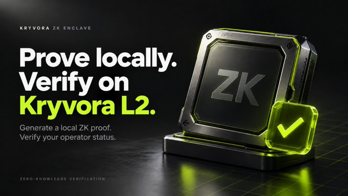 A promotional graphic for "Kryvora ZK Enclave" featuring a 3D ZK chip with a green checkmark and text reading "Prove locally. Verify on Kryvora L2."
