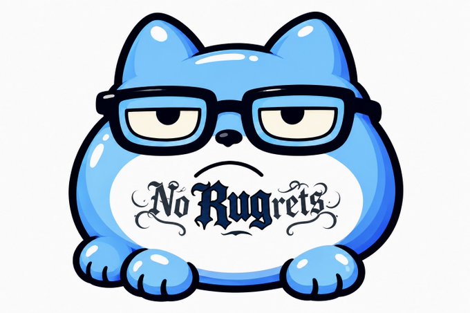 A cartoon illustration of a blue cat wearing black-framed glasses with the text 'No Rugrets' in a gothic font on its belly.