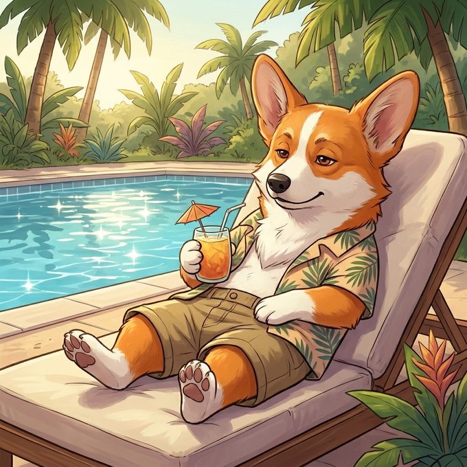 A digital illustration of a Corgi dog relaxing on a lounge chair by a swimming pool, wearing a floral shirt and holding an orange cocktail.