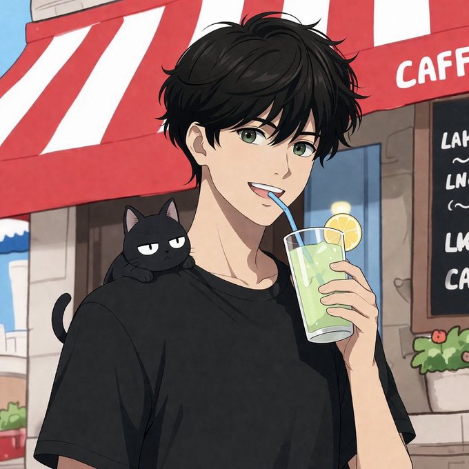 An anime-style illustration depicts a black-haired young man drinking a green lemonade from a glass with a lemon slice, with a small black cat perched on his shoulder in front of a cafe with a red-striped awning.