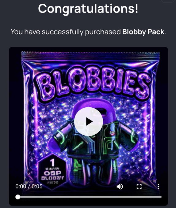 A congratulations screen confirms the successful purchase of a "Blobby Pack," featuring a video preview of a shiny holographic collectible package labeled "BLOBBY PACK" with text indicating "1 UNIQUE QSP BLOBBY." This visually reinforces the post's boast that staking rewards now buy 6x the Blobby Packs, suggesting the user has been on a successful pack-buying spree.