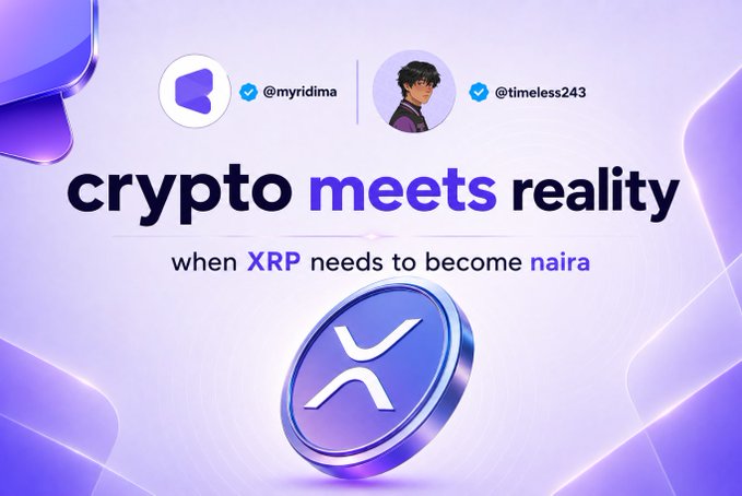 The image features a poster with a purple background that says "crypto meets reality" and includes an XRP coin symbol. The poster also has a message about Bitcoin, which reads "it's 8:43 PM. your landlord is calling. That's because your rent was due since last week. you have 50 XRP in your wallet and that’s enough to cover it. but your landlord doesn't accept XRP. he wants naira, or cedis, or maybe cash he can actually use". The poster also includes a person's profile picture on the left side of the image.