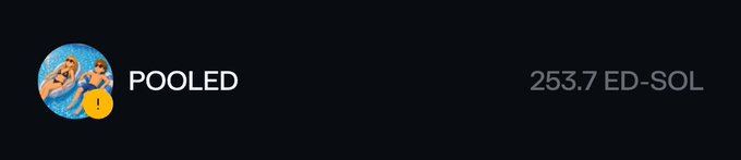 A dark banner displaying a 'POOLED' status with an avatar of people in a pool, showing '253.7 ED-SOL' as the accumulated amount.