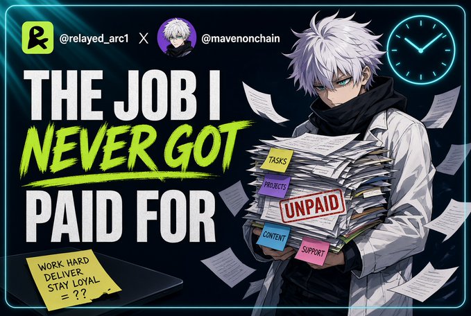 An anime-style promotional graphic titled 'THE JOB I NEVER GOT PAID FOR' featuring a white-haired character holding a stack of papers labeled 'TASKS', 'PROJECTS', 'CONTENT', and 'SUPPORT' with a red 'UNPAID' stamp, from @relayed_arc1 X @mavenonchain.