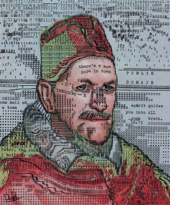 A stylized ASCII art portrait of a bearded man in a red hat with text overlays including 'there's a new pope in town,' 'JOHN truth 16:13,' and 'spirit guides you into ALL truth.'