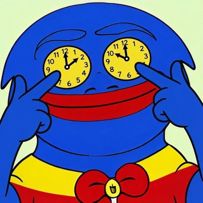A blue cartoon character wearing a red collar and yellow outfit points to two yellow clock faces over its eyes showing different times, with a small bow tie below.