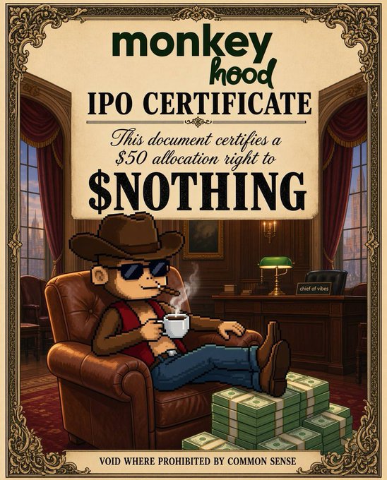 The image is a satirical "Monkey Hood IPO Certificate" announcing a $50 allocation right to $NOTHING, featuring a cigar-smoking monkey in sunglasses lounging in a leather chair atop stacks of cash. The joke ties to the post announcing the $NOTHING raise and IPO paper allocation, humorously underscoring that no actual monetary value is attached to these certificates while teasing the V2 holder distribution.