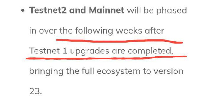 The image shows a bullet point stating that "Testnet2 and Mainnet will be phased in over the following weeks after Testnet 1 upgrades are completed, bringing the full ecosystem to version 23," with portions underlined in red. This relates to the accompanying post by highlighting the progression from Testnet 1 upgrades toward the rollout of Testnet2, Mainnet, and ultimately the anticipated Protocol 25 shift to autonomous, protocol-driven economic coordination in the Pi Network.