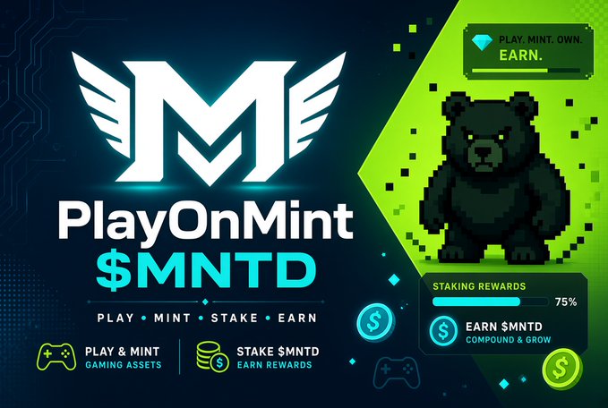A promotional graphic for 'PlayOnMint $MNTD' with a play-to-earn theme, featuring a pixel-art black bear, a winged 'M' logo, and text like 'PLAY • MINT • STAKE • EARN' alongside staking reward details.