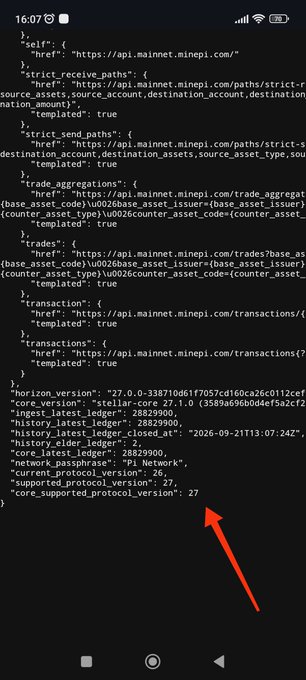 The image shows a mobile screenshot displaying JSON data with an arrow pointing to `"core_supported_protocol_version": 27`, confirming the activation of Protocol 27 on the Pi Network Mainnet.