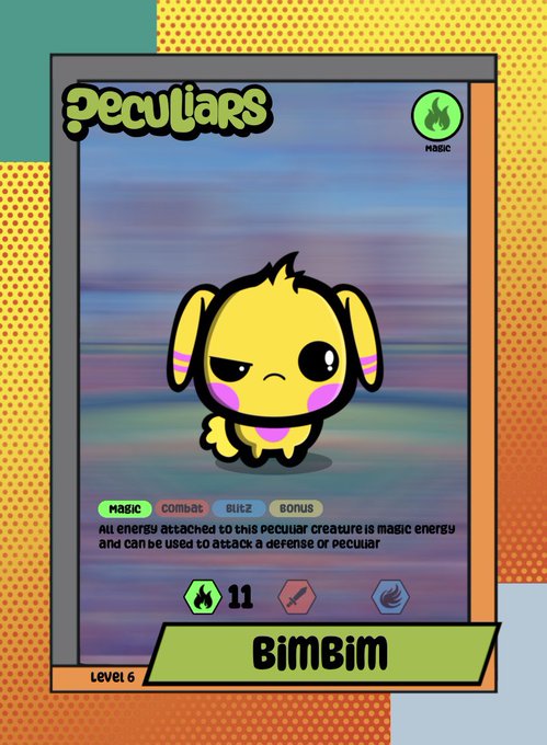 A "Peculiars" trading card featuring the yellow creature "Bimbim," a Level 6 Basic Magic-type character with 11 magic energy, fits perfectly into the collector's expanding TCG lineup as one of their next targeted brands to explore alongside @peculiarstcg and @AzukiTCG.