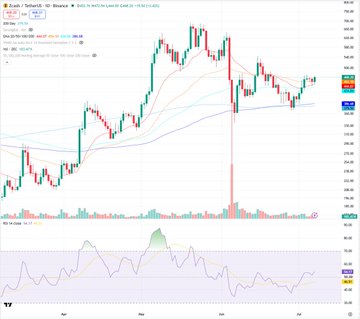A daily candlestick chart of Zcash (ZEC) against TetherUS on Binance, showing a sharp red sell-off plunge in late May/early June followed by a recovery that has brought price back above the 50, 100, and 200-day moving averages, with the RSI indicator below near 50. The chart visualizes the post's claim that ZEC has reclaimed its key moving averages after the May 2025 protocol bug-driven crash, supporting the bullish thesis around formally verified protocol security.
