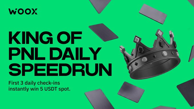 The image features an advertisement for a website called WooX that offers a free check-in reward for users who become the fastest daily speedrun. The main visual element is a crown, which represents the rewards offered by the site. This text below the crown states "King ofPNL Daily Speedrun" and describes the challenge as a five-day trading check-ins contest.

The website also mentions that participants should execute a real trade on WOO X Pro to be considered for the reward. The post encourages users to share their strategies and tips in the comments section, further emphasizing the interactive nature of the challenge.