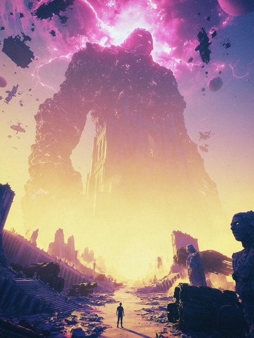 A sci-fi digital artwork features a small silhouetted figure standing on a ruined pathway, looking up at a massive, shadowy giant formed from cosmic pink and purple clouds amidst floating debris and lightning.