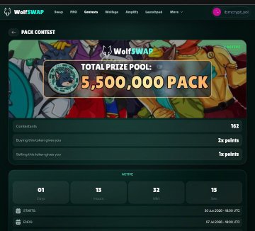 A screenshot of a WolfSwap Pack Contest webpage showing a total prize pool of 5,500,000 PACK, with 162 contestants, active tab showing 13 days remaining, and July 2026 dates displayed.