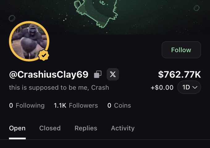 The image shows a profile page for "@CrashiusClay69," featuring an animated gorilla avatar, 1.1K followers, and a balance of $762.77K, with the bio reading "this is supposed to be me, Cash." The accompanying post promotes subscribing to this official account via the provided link, encouraging support for "the GOAT."