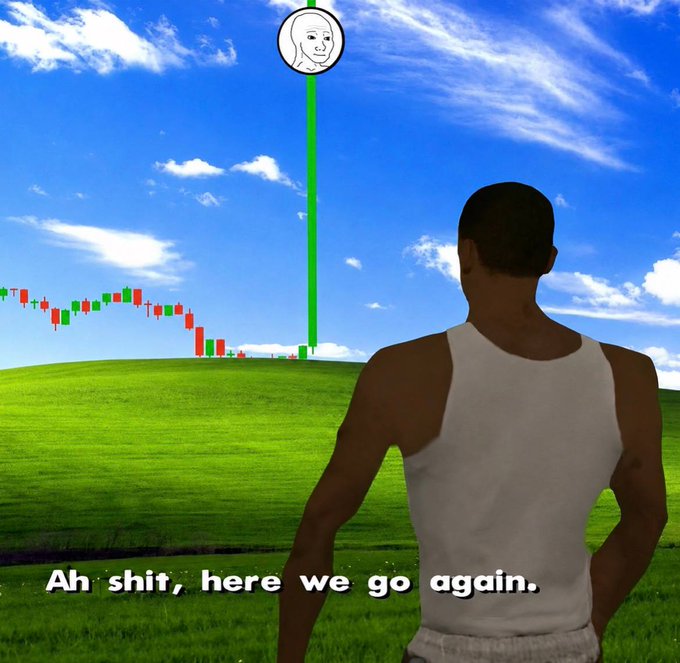 The iconic "Ah shit, here we go again" CJ meme from GTA San Andreas has been edited to feature a candlestick chart and a Wojak face with a massive green candle shooting upward, humorously depicting GTA VI adopting $Wojak as an in-game currency with bullish price action as the player's view.