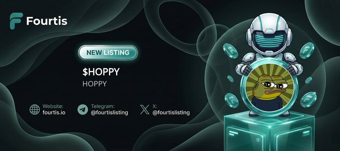 The image features a poster for a new listing of coins called "HOPPY" by Fourtis, which is an altcoin. The poster includes a cartoon robot holding a coin with a face that has a big smiley face on its forehead. The poster also contains text about the coin and mentions that it's listed as a new listing.