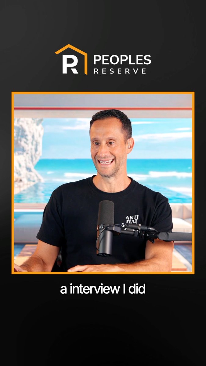 The image features a photo of a smiling man wearing a black "ANTI FIAT" t-shirt, speaking into a microphone in front of an ocean backdrop, under the "Peoples Reserve" logo branding, with text below reading "a interview I did." It relates to the post by highlighting an interview conducted with Scott Melker, who tested Peoples Reserve's Bitcoin Bond calculator with a $1,000,000 investment showing projected returns of $9,264,419 over 10 years at a 40% BTC CAGR.