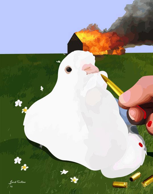 A digital painting by Jacob Collins shows a white fluffy chicken/guinea fowl in a grassy field while a hand loads a bullet into a gun, with a burning building in the background.