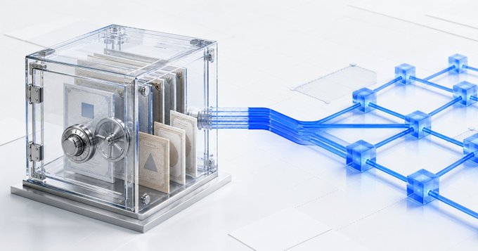A 3D rendering shows a transparent safe containing documents and a dial, with blue data cables connecting it to a blockchain-style network of interconnected glowing blue cubes.