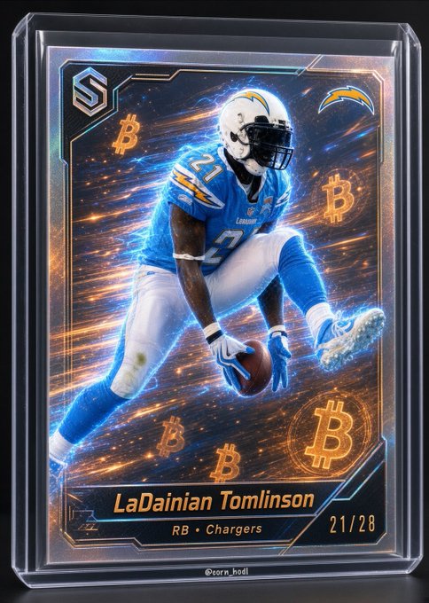 A digital trading card featuring NFL running back LaDainian Tomlinson of the Chargers in a Chargers uniform, with Bitcoin symbols and '21/28' displayed.