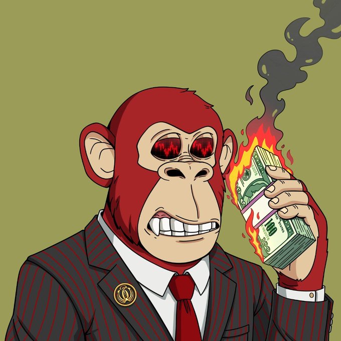 A cartoon red monkey in a pinstripe suit with glowing red eyes grins menacingly while holding a burning stack of $100 bills that emits black smoke.