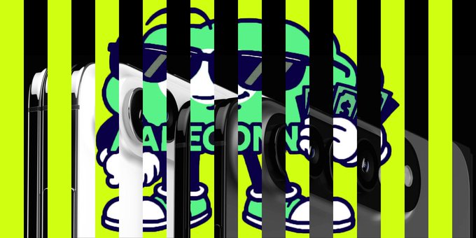 A row of Apple iPhones displayed in a staggered lineup against a vibrant yellow background, overlaid with vertical black bars creating a fragmented puzzle-piece effect and featuring a teal cartoon mascot alongside the text "AEON." The image visually echoes the post's teaser about upcoming Apple projects and the AEON payment bot, using the puzzle metaphor as the iPhones appear split into segments awaiting reassembly.