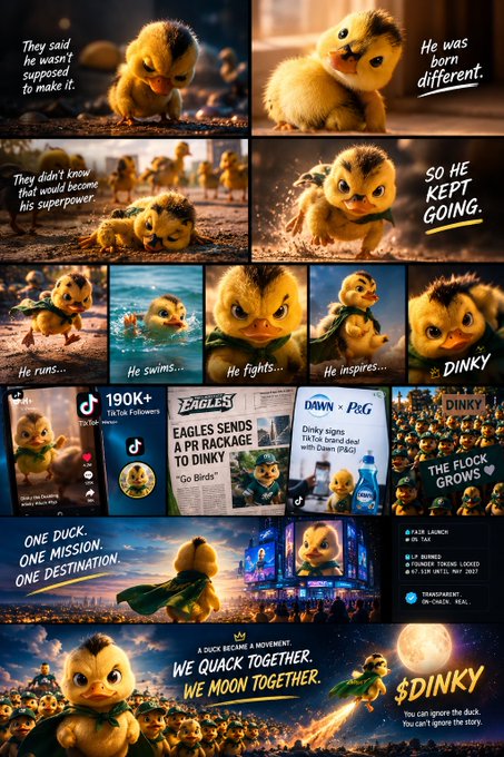 A collage of promotional images and memes featuring an animated duck character named 'Dinky', highlighting its viral rise on TikTok and a PR deal with Dawn (P&G), with the tagline 'ONE DUCK. ONE MISSION. ONE DESTINATION.'
